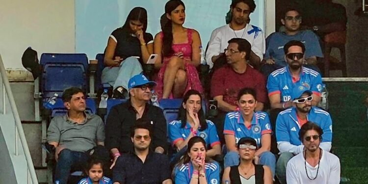 World Cup 2023 final were Shah Rukh Khan with his wife Gauri, Ranveer Singh and Deepika Padukone, and Ayushmann Khurrana.