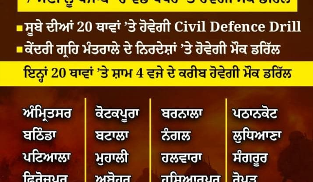 ਪੰਜਾਬ ਦੀਆਂ ਇਨ੍ਹਾਂ 20 ਥਾਵਾਂ ’ਤੇ ਹੋਵੇਗੀ ਮੌਕ ਡਰਿੱਲ